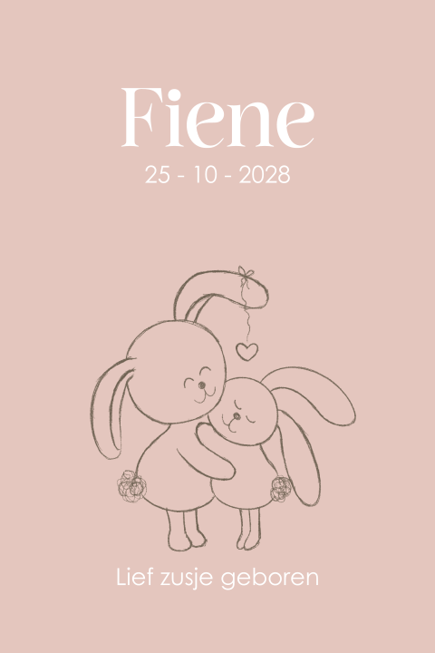 Schattig roze geboortekaartje met konijntjes lief zusje geboren